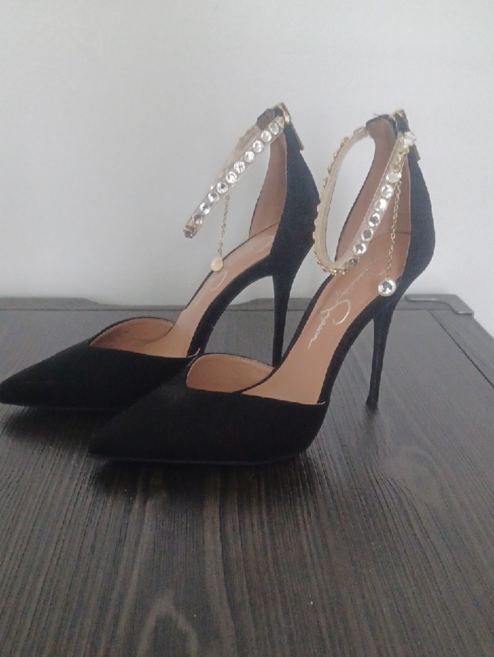 Jessica Simpson Black Pointed Crystal-Ankle Stilettos